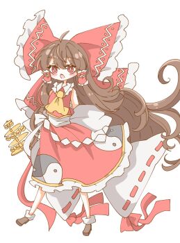 Rule 34 | 1girl, ahoge, ascot, bell, bow, brown hair, commentary request, frilled bow, frilled hair tubes, frilled skirt, frills, hair bow, hair tubes, hakurei reimu, highres, jingle bell, kagura suzu, large bow, long hair, looking at viewer, mokotan802, nontraditional miko, open mouth, red bow, red eyes, red skirt, simple background, skirt, solo, touhou, white background, yellow ascot, yin yang, yin yang print