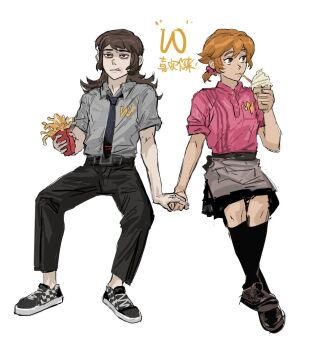 1boy 1girl abaddon_(haunted_hotel) aged_up brown_eyes brown_hair employee_uniform esther_freeling food french_fries full_body grey_shirt haunted_hotel holding_hands ice_cream invisible_chair licking_lips long_hair low_ponytail orange_hair pink_shirt ponytail red_eyes repeeksdnuorg shirt short_hair short_ponytail simple_background sitting skirt tongue tongue_out translation_request wcdonald&#039;s white_background