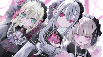 1boy 2girls ascot black_hairband blonde_hair blurry blurry_background breasts brown_hair cleavage crossdressing crossdressing_(mtf) dutch_angle ear_piercing expressionless genderswap genderswap_(mtf) grey_hair hairband hashtag-only_commentary jacket long_hair long_sleeves loser_kings maid_headdress makaino_ririmu makaino_ririmu_(5th_costume) mnerune0 multiple_girls nijisanji official_alternate_costume piercing pink_eyes pink_jacket pointy_ears red_ascot red_eyes ribbon sanya_(kuzuha) short_hair smile trap upper_body uzuki_kou uzuki_kou_(4th_costume) virtual_youtuber