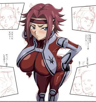 1girl blue_eyes blush bodysuit breasts code_geass hands_on_own_hips headband highres iwao178 japanese_text kouzuki_kallen large_breasts medium_hair parted_bangs red_bodysuit red_hair red_headband thick_thighs thighs translation_request