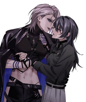 2girls belt black_gloves black_shirt chief_(path_to_nowhere) coat ear_piercing earrings eyeshadow female_chief_(path_to_nowhere) gloves highres holding_another&#039;s_wrist isakuu jewelry long_hair makeup multiple_girls navel_piercing open_clothes open_coat pants path_to_nowhere piercing purple_hair purple_lips shirt simple_background sweatdrop tattoo toned toned_female white_background zoya_(path_to_nowhere)
