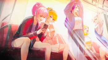 alternate_costume blonde_hair blue_eyes blue_hair blush bob_cut breasts cellphone cleavage earrings feather_earrings feathers fins fish_tail gawr_gura hair_ornament hand_grip highres holding holding_hand_grip holding_phone hololive hololive_english iris_(tb33064667) jacket jewelry large_breasts long_hair long_sleeves medallion medium_hair mori_calliope multicolored_hair multicolored_jacket multiple_girls ninomae_ina'nis open_mouth orange_hair phone pink_eyes pink_hair red_eyes shark_tail shirt short_hair shorts side-by-side sitting skirt smartphone smile subway tail takanashi_kiara tentacle_hair train train_interior two-tone_jacket virtual_youtuber watson_amelia white_shirt window yuri