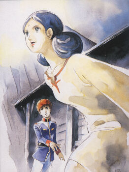 1970s_(style) 1980s_(style) 1boy 1girl amuro_ray bindi black_hair concept_art dark_skin dress gundam highres house lalah_sune military military_uniform mobile_suit_gundam official_art oldschool production_art promotional_art retro_artstyle scan science_fiction signature traditional_media yasuhiko_yoshikazu
