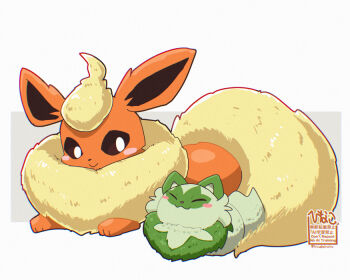 animal_focus blush blush_stickers bright_pupils brown_eyes cat_loaf closed_eyes closed_mouth commentary_request flareon gen_1_pokemon hinako_iroiro lying nintendo no_humans pokemon pokemon_(creature) pokemon_focus smile sprigatito twitter_username white_pupils