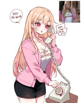 antique_phone black_skirt blonde_hair blush cardigan commentary cosplay english_commentary english_text gradient_hair han_2792 highres holding holding_phone kitagawa_marin multicolored_hair phone pink_cardigan pink_eyes pink_hair reference_photo regina_george regina_george_(cosplay) rotary_phone skirt sono_bisque_doll_wa_koi_wo_suru speech_bubble white_background