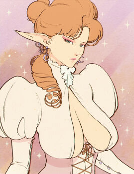 1girl blue_eyes breasts breasts_apart cleavage_cutout closed_mouth clothing_cutout earrings eyeshadow frown jewelry juliet_sleeves large_breasts long_sleeves looking_at_viewer makeup orange_hair original pink_eyeshadow pointy_ears puffy_sleeves sparkle the_insaneum