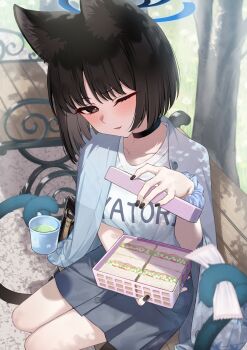 1girl absurdres alternate_costume animal_ears bento black_choker black_eyes black_hair black_nails blue_archive blue_halo blue_haori blush casual cat_ears cat_girl cat_tail choker commentary_request cup food green_tea grey_skirt halo haori highres holding holding_bento holding_cup holding_tissue holding_with_tail japanese_clothes kikyou_(blue_archive) looking_at_viewer multiple_tails on_bench one_eye_closed open_mouth parted_bangs pizza_(pizzania_company) prehensile_tail sandwich shirt short_hair sitting skirt solo tail tea two_tails white_shirt