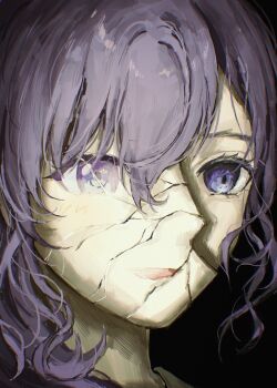 Rule 34 | 1girl, asahina mafuyu, black background, broken mask, close-up, commentary, cracked kawaii mask, cracked mask, hashtag-only commentary, highres, kkyu (c3215xz), long hair, mask, project sekai, purple eyes, purple hair, sidelocks, simple background, solo