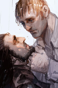 2boys bara beard blue_eyes brown_hair collared_shirt commentary couple eye_contact facial_hair from_side full_beard hand_hair hashtag-only_commentary looking_at_another male_focus mature_male medium_hair medium_sideburns multiple_boys original ououou_(xouxouou) profile rain shirt short_hair sideburns_stubble stubble thick_beard thick_eyebrows upper_body wet wet_hair yaoi