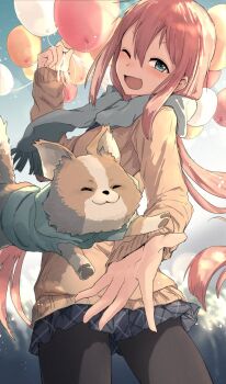 1girl :d ;d animal balloon black_pantyhose blue_eyes blue_sky blush brown_sweater chihuahua chikuwa_(yurucamp) commentary dog grey_skirt holding holding_balloon kagamihara_nadeshiko long_hair looking_at_viewer looking_back low_twintails miniskirt motosu_school_uniform one_eye_closed open_mouth outdoors pantyhose pink_hair pleated_skirt revision scarf school_uniform skirt sky smile sweater twintails very_long_hair yukitake_(bullfalk) yurucamp