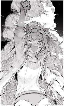 1girl absurdres animal_ears arm_up blush bow buruma clenched_hand commentary fingerless_gloves gloves greyscale gym_shirt gym_uniform hair_bow haru_urara_(umamusume) headband highres horse_ears horse_girl jacket long_hair looking_at_viewer monochrome niwarhythm open_clothes open_jacket ponytail shirt smile solo track_jacket umamusume