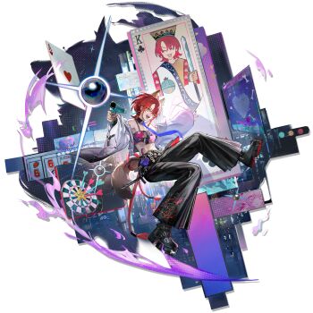 1girl :3 ace_(playing_card) ace_of_hearts animal_ear_piercing animal_ears arknights back_ribbon baggy_pants belt belt_boots billboard black_belt black_boots black_collar black_nails black_pants boots card chain chain_necklace cityscape coin_purse collar crop_top crown dart dartboard detached_collar dog_ears dog_girl dog_tail dynamic_pose ear_piercing earrings fangs full_body furisode_sleeves gun halftone haruka_(arknights) heart highres holding holding_gun holding_sword holding_weapon horin_(horin_xi) jacket jacket_partially_removed jewelry jumping kichisei_(arknights) king_(playing_card) king_of_clubs looking_at_viewer mole mole_under_eye nail_polish necklace necktie neon_lights night octopus official_art open_clothes open_jacket open_mouth orange_eyes pachinko_ball pants piercing platform_boots playing_card pouch purple_necktie red_hair red_rope rope shimenawa short_hair slot_machine smile solo standing star_(symbol) sword tail tassel tassel_earrings teeth third-party_source traffic_light transparent_background unzipped v-shaped_eyebrows weapon white_jacket yellow_fur