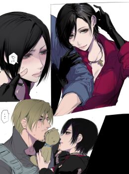 ... 1boy 1girl ada_wong black_choker black_gloves black_hair black_jacket blonde_hair blush breasts bulletproof_vest cheek_poking choker cleavage collared_shirt couple cross cross_necklace facial_hair fingerless_gloves furrowed_brow gloves grey_eyes grey_shirt hair_between_eyes hand_in_own_hair hetero highres jacket jewelry leon_s._kennedy looking_at_another medium_breasts necklace nuboo2836 poking red_shirt resident_evil resident_evil_6 shirt short_hair spoken_ellipsis stubble stuffed_animal stuffed_toy sweatdrop teddy_bear white_background