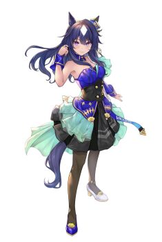 Rule 34 | 1girl, animal ears, asymmetrical clothes, asymmetrical footwear, black shoes, blue hair, blue shoes, blush, breasts, commentary request, earrings, full body, hair between eyes, hair ornament, high heels, highres, horse ears, horse girl, horse tail, jewelry, long hair, looking at viewer, medium breasts, mismatched footwear, open mouth, pantyhose, peperoncino-sama, purple eyes, purple hair, shoes, simple background, single earring, skirt, smile, solo, standing, tail, umamusume, verxina (le beau sommet) (umamusume), verxina (umamusume), white background, white shoes