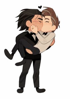2boys black_bow black_bowtie black_hair black_jacket black_pants black_shoes blush bow bowtie brown_hair carrying carrying_person closed_eyes commentary deformed dingnin98201637 full_body grey_hair hair_slicked_back hand_on_another&#039;s_face heart highres jacket jewelry kiss lapels long_sleeves male_focus marvel miguel_o&#039;hara multicolored_hair multiple_boys pants peter_b_parker princess_carry ring shirt shirt_tucked_in shoes short_sideburns simple_background spider-man:_across_the_spider-verse spider-man_(series) spider-verse streaked_hair suit_jacket symbol-only_commentary wedding_ring white_background white_shirt yaoi