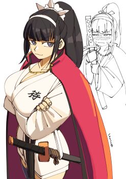 Rule 34 | 1girl, 3amsoda, black eyes, black hair, blush, breasts, commentary, crossed arms, english commentary, hairband, highres, holding, holding sword, holding weapon, large breasts, long hair, looking at viewer, magadori kyoshika, martial arts belt, nose blush, ponytail, sheath, sheathed, sketch inset, sweat, sword, the hundred line -last defense academy-, weapon, white background, white dougi