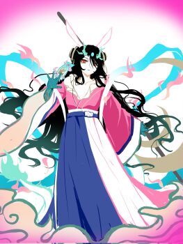 Rule 34 | 1girl, alternate costume, arknights, black hair, dragon girl, dragon horns, dragon tail, dusk (arknights), earrings, eastern dragon tail, green horns, hair over one eye, highres, horns, jewelry, long hair, pointy ears, rainsakura0929, red eyes, solo, tail, tassel, tassel earrings