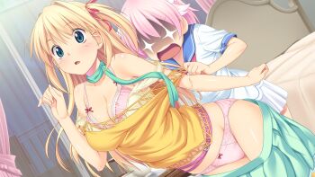 +_+ 2girls aqua_eyes bare_shoulders blonde_hair blush bow bow_panties bra breasts cleavage clothes_pull game_cg hair_ribbon highres indoors kagurazaka_namine koutaro long_hair multiple_girls neck_ribbon off_shoulder open_mouth panties pink_bra pink_hair pink_panties ribbon school_uniform serafuku shirt_pull short_hair short_sleeves takara_ichiko tropical_vacation two_side_up underwear undressing