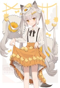 1girl :o animal_ears baby_animal bird black_bow black_bowtie blush border bow bowtie brown_background chick clothes_lift collared_shirt commentary_request egg_hair_ornament feet_out_of_frame food-themed_hair_ornament goma_(u_p) grey_hair hair_ornament head_tilt highres long_hair long_sleeves looking_at_viewer orange_skirt original shirt simple_background skirt skirt_lift star_(symbol) tail very_long_hair white_border white_shirt yellow_eyes