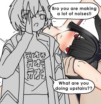 animal_ears belle_(zenless_zone_zero) black_hair blush breath censored commentary convenient_censoring dorahdew english_commentary flushing fox_ears from_behind full-face_blush highres holding_another's_arm hoshimi_miyabi nude red_eyes sex sex_from_behind speech_bubble sweat tears white_background wise_(zenless_zone_zero) zenless_zone_zero