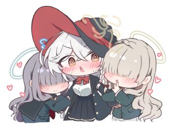 3girls @_@ black_skirt blue_archive blush double_arm_hug eri_(blue_archive) faceless faceless_female halo hat heart highres karupa_(karupapon) multiple_girls open_mouth orange_eyes skirt sweat white_hair wildhunt_art_academy_student_(ar)_(blue_archive) wildhunt_art_academy_student_(smg)_(blue_archive) witch_hat yuri