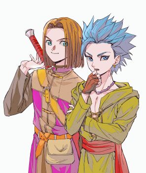 2boys absurdres ako_(eanaaati1) arm_across_waist bead_necklace beads belt belt_bag blue_eyes blue_hair brown_belt brown_hair camus_(dq11) chinese_commentary closed_mouth collarbone commentary_request cross-laced_clothes curtained_hair dragon_quest dragon_quest_xi earrings forehead gold_earrings green_tunic hand_up hero_(dq11) highres jewelry long_sleeves loose_belt male_focus multiple_boys necklace open_mouth parted_bangs purple_tunic short_hair shoulder_strap simple_background smile spiked_hair standing sword sword_on_back thinking tunic weapon weapon_on_back white_background