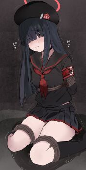 1girl armband beret black_choker black_hair black_hat black_sailor_collar black_serafuku black_skirt blue_archive choker crying crying_with_eyes_open eyes_visible_through_hair hair_over_eyes halo hat highres hototogisu_(7kanu_7ra) justice_task_force_member_(blue_archive) long_hair neckerchief pee peeing pleated_skirt red_armband red_eyes red_halo red_neckerchief restrained rope sailor_collar school_uniform serafuku skirt solo tears
