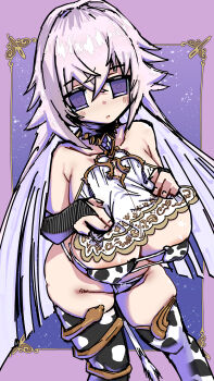 1girl bare_shoulders breasts cow_print cow_print_bikini crossed_bangs empty_eyes grimms_notes hair_between_eyes huge_breasts long_hair magic_mirror_(grimms_notes) parted_lips print_bikini purple_eyes purple_hair solo thighhighs user_xmsj2855 very_long_hair
