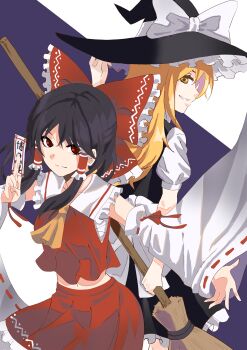 Rule 34 | 2girls, absurdres, apron, ascot, between fingers, black hair, black hat, black skirt, black vest, blonde hair, bow, broom, chest sarashi, closed mouth, commentary, detached sleeves, frilled bow, frilled hair tubes, frilled skirt, frills, hair bow, hair tubes, hakurei reimu, hat, hat bow, highres, holding, holding broom, holding ofuda, kirisame marisa, long hair, multiple girls, ofuda, ofuda between fingers, puffy short sleeves, puffy sleeves, red bow, red eyes, red skirt, ribbon-trimmed sleeves, ribbon trim, sarashi, short sleeves, skirt, skirt set, smile, touhou, veow, vest, waist apron, witch hat, yellow ascot, yellow eyes