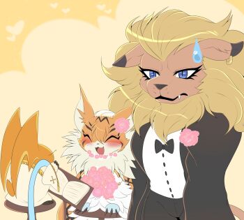 alternate_universe book digimon digimon_(creature) digimon_adventure_tri. dress flower furry good_end highres leomon lion marriage meicoomon patamon smile wedding wedding_dress