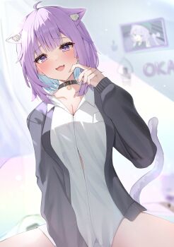 1girl :3 :d absurdres ahoge animal_collar animal_ear_fluff animal_ears black_cardigan black_collar blue_hair blunt_bangs blurry blush breasts button_gap cardigan cat_ears cat_girl cat_tail cleavage collar collared_shirt colored_inner_hair commentary_request dress_shirt extra_ears fang fingernails hand_up highres hololive indoors large_breasts looking_at_viewer medium_hair messy_hair multicolored_hair nanase_nayumu nekomata_okayu nekomata_okayu_(oversized_shirt) nekomata_okayu_(poisonya_syndrome) no_pants official_alternate_costume onigirya_(nekomata_okayu) open_mouth panties partially_unbuttoned purple_eyes purple_hair shirt sitting skin_fang sleeves_past_wrists smile solo tail underwear virtual_youtuber white_panties white_shirt