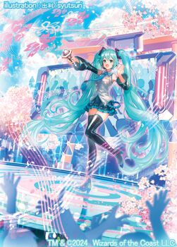 aqua_eyes aqua_hair aqua_necktie arm_tattoo artist_name black_boots black_skirt black_sleeves boots breasts collared_shirt detached_sleeves full_body grey_shirt hair_between_eyes hatsune_miku headset holding holding_microphone long_hair magic:_the_gathering medium_breasts microphone music necktie number_tattoo open_mouth pleated_skirt shirt shutsuri singing skirt smile stage tattoo thigh_boots twintails very_long_hair vocaloid