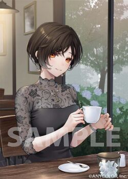 1girl black_dress blue_flower breasts brown_hair chair commentary_request cup day dress drinking_glass earrings flower holding holding_cup indoors jewelry long_sleeves medium_breasts ne-on nijisanji official_art on_chair orange_eyes rain sample_watermark saucer shirayuki_tomoe short_hair sitting solo spoon sugar_cube table tree virtual_youtuber watermark window