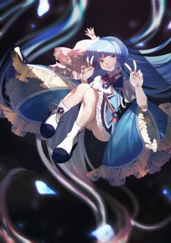 Rule 34 | 1girl, absurdres, ascot, blue dress, blue eyes, blue hair, bow, cicococo, crown, dress, frilled dress, frills, hashtag-only commentary, hat, highres, kakera, laces, long hair, long sleeves, looking at viewer, mini crown, piece (umineko), puffy sleeves, red bow, sash, shoes, smile, solo, tilted headwear, umineko no naku koro ni, v