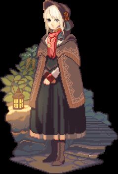 1girl animated animated_gif black_dress blonde_hair bloodborne blue_eyes bonnet boots bowing crossed_arms dress female_focus fringe_trim full_body jewelry lantern lowres necklace path pixel_art plain_doll red_scarf road scarf shawl shroedinger solo standing swept_bangs transparent_background