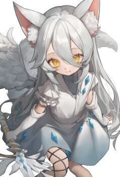 Rule 34 | 1girl, absurdres, animal ear fluff, animal ears, blue dress, blue gem, closed mouth, commentary, commentary request, commission, dress, elbow gloves, english commentary, feet out of frame, fingerless gloves, fox ears, fox girl, fox tail, frilled sleeves, frills, gem, gloves, gradient clothes, gradient dress, hair between eyes, highres, holding, holding polearm, holding weapon, long hair, looking at viewer, metatarou, mixed-language commentary, multicolored dress, original, pixiv commission, polearm, short sleeves, simple background, solo, tail, two-tone dress, weapon, white background, white dress, white gloves, white hair, white wings, wings, yellow eyes