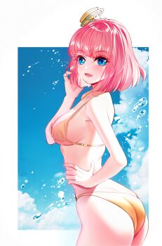 Rule 34 | 1girl, ass, baocaizi, bikini, blue eyes, breasts, cleavage, hair ornament, highres, kamen rider, kamen rider ex-aid (series), large breasts, open mouth, pink hair, poppi pipopapo, short hair, sky, solo, swimsuit, water, yellow bikini