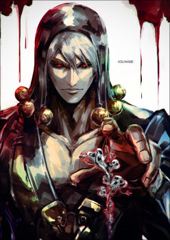 1boy belt black_hood black_jacket black_sclera blood blood_splatter closed_mouth collarbone colored_sclera commentary_request grey_hair hat hat_bobbles jacket jewelry jojo_no_kimyou_na_bouken k-suwabe male_focus metallica_(stand) partial_commentary red_eyes risotto_nero solo stand_(jojo) vento_aureo