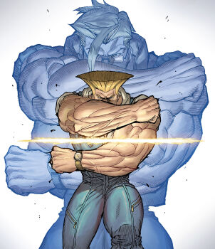 2boys blonde_hair charlie_nash commentary english_commentary flattop glasses guile highres multiple_boys muscular muscular_male risza_perdhana short_hair sonic_boom_(street_fighter) street_fighter watch wristwatch