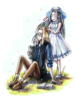 1boy 1girl black_vest blue_shirt blue_slippers blue_trim blush book brown_pants brown_shoes child dress fata_terra glasses hat highres holding_cardboard kimijima_kou looking_up on_grass open_mouth pants robotics;notes science_adventure shirt shoes sitting slippers smile surprised vest white_dress yukifune_airi