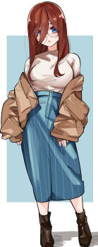 1girl absurdres bespectacled black_boots blue_background blue_eyes blue_skirt boots breasts brown_hair brown_jacket commentary_request full_body glasses go-toubun_no_hanayome hair_between_eyes hair_over_eyes highres jacket jewelry large_breasts long_hair long_skirt long_sleeves mame1645 nakano_miku necklace open_clothes open_jacket parted_lips rimless_eyewear round_eyewear skirt solo sweater two-tone_background white_background white_sweater