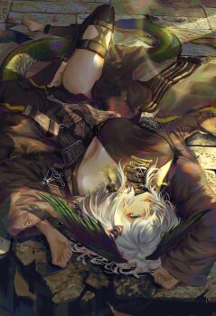 1girl absurdres arknights black_dress breasts commentary dress feathered_wings grey_hair head_wings highres ho&#039;olheyak_(arknights) ho&#039;olheyak_(ritual_of_immortality)_(arknights) large_breasts long_dress medium_hair side_slit snake_girl snake_tail solo symbol-only_commentary tail tometome1342 wings