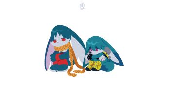 2boys backpack bag bandai_namco blue_fur blue_hair collar cosmosully crossover fennec_fox fox furry gloves highres idw_publishing kaze_no_klonoa king_of_sorrow kitsunami_the_fennec klonoa_2:_lunatea&#039;s_veil long_ears looking_down multiple_boys namco purple_eyes red_eyes sega shoes shota sitting sonic_(series) sonic_the_hedgehog_(idw) tail