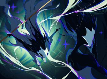 1other absurdres bare_shoulders black_eyes black_hair black_skin broken_mask colored_skin dress floating_hair from_side grey_dress highres holding holding_weapon hollow_eyes hollow_knight hollow_knight:_silksong mask neck phantom_(hollow_knight) pin_(hollow_knight) primsheep sparkle weapon white_mask