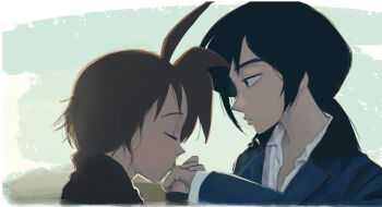 1boy 1girl ahiru_(princess_tutu) ahoge black_hair closed_eyes fakir_(princess_tutu) from_side green_eyes hetero highres jacket kiss kissing_hand long_hair ponytail princess_tutu tiessssss upper_body wet wet_hair