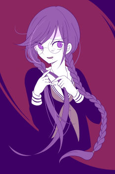 1girl braid braiding_hair collared_shirt commentary_request danganronpa:_trigger_happy_havoc danganronpa_(series) eyelashes fukawa_toko glasses hairdressing highres limited_palette long_hair long_sleeves mole mole_under_mouth neckerchief open_mouth purple_eyes purple_hair round_eyewear sailor_collar shirt smile solo teba_bate twin_braids twintails