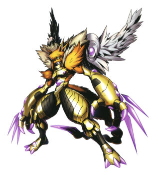+_+ absurdres animal_ears armor bandai cat_ears claws digimon fangs full_body fur_collar furry gauntlets glowing_markings highres official_art raguelmon scan sharp_nails sharp_teeth simple_background solo standing teeth white_background wings