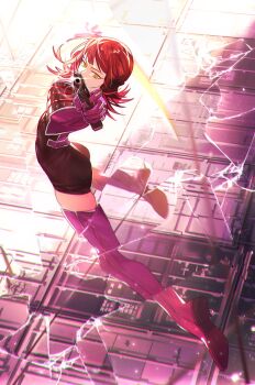 1girl aiming aiming_at_viewer breasts broken_screen cracked_screen elbow_gloves floating_hair gloves green_eyes gun handgun hashtag-only_commentary headphones highres holding holding_gun holding_weapon jacket katori_squad&#039;s_uniform katori_youko large_breasts long_hair looking_at_viewer purple_gloves purple_jacket red_hair short_jumpsuit short_sleeves solo thighhighs weapon wire world_trigger wu_huo_(nor020113)