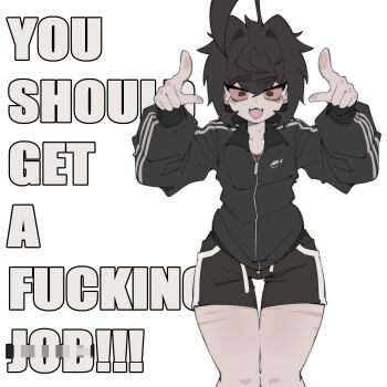 Rule 34 | 1boy, absurdres, ahoge, black hair, black jacket, black shorts, bloodshot eyes, censored, colored sclera, constricted pupils, cowboy shot, english text, fang, hair between eyes, hands up, highres, jacket, long sleeves, looking at viewer, male focus, mole, mole on neck, nightcore (n19htc0r333), open mouth, original, pointing, pointing at viewer, pointless censoring, red eyes, red sclera, scar, scar on leg, short hair, shorts, simple background, skin fang, smile, solo, white background