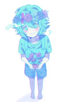 1boy ? absurdres barefoot basil_(headspace)_(omori) basil_(omori) blue_overalls blush closed_mouth colored_skin flower flower_pot flower_wreath full_body green_eyes green_hair green_shirt hair_between_eyes head_wreath highres holding holding_flower_pot looking_at_viewer male_focus my_loleeta omori overall_shorts overalls plant potted_plant shirt short_hair short_sleeves simple_background smile solo t-shirt white_background white_skin